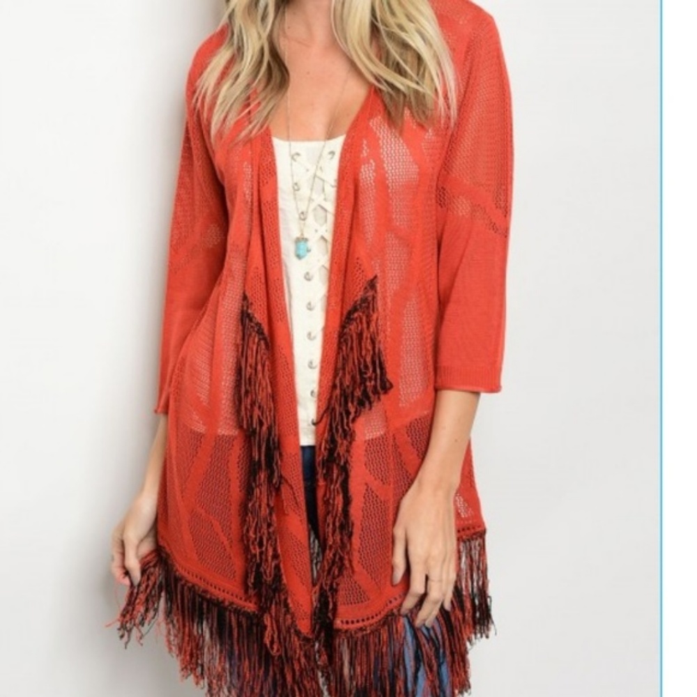 NWT Crochet Knit Aztec Print Cardigan with Fringe - Picture 2 of 4